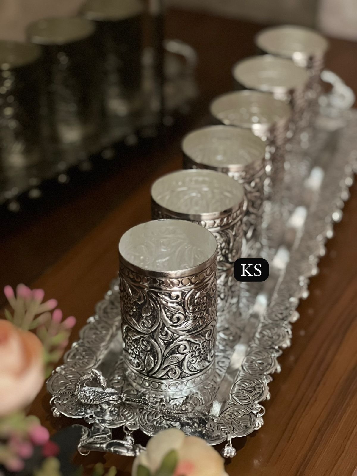 Antique Silver brass finish Rectangle tray and Glass set