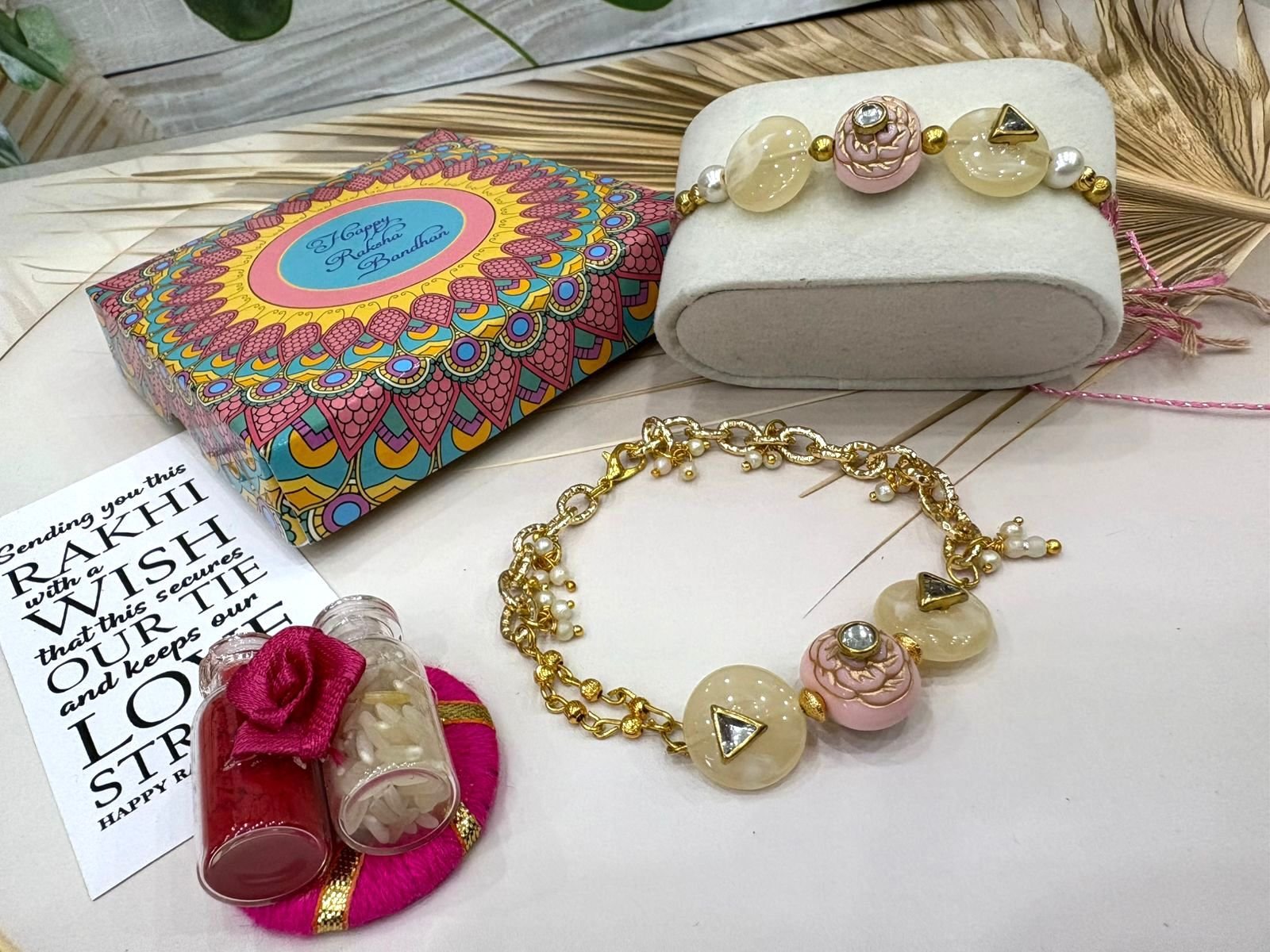 Elegant floral Kundan Rakhi and Lumba bracelet