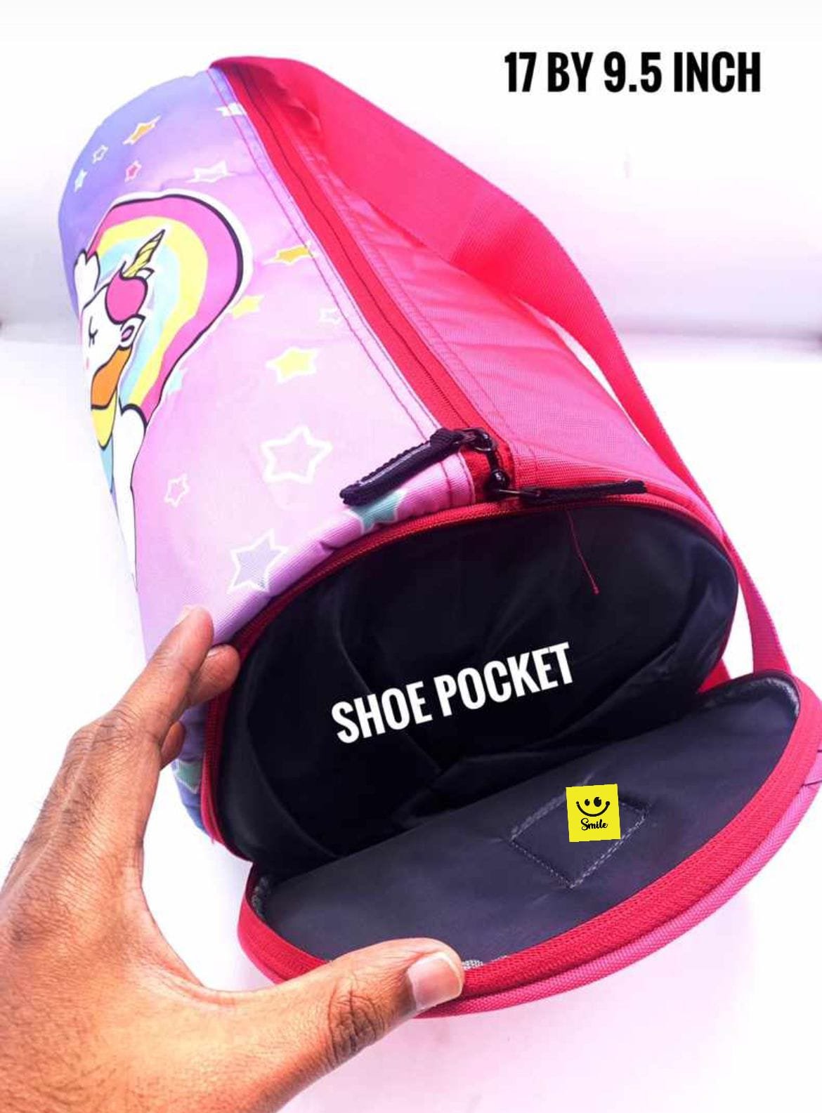 Shoe pocket duffel for kids